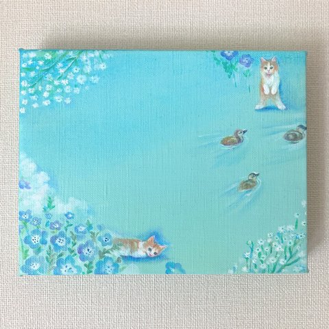 猫とネモフィラの夢＊オーダーメイド油彩原画＊優しい油絵　ペット　水色　淡い　キャンバス　グラデーション　癒し　インテリア