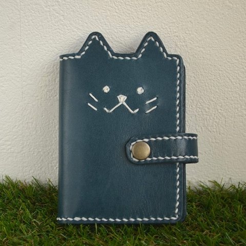 コゲちゃん　カードケース　ネイビー　栃木レザー　手縫い　本革　 Leather　猫