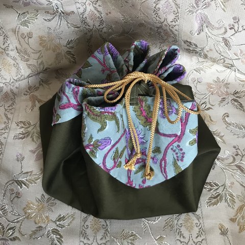 カーキ　花巾着　☆大人　巾着袋  Casual kimono bag