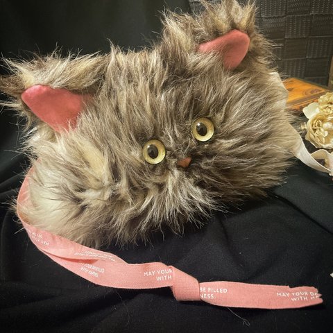 モフモフ幸せ♪リアル! 長毛猫 ネコ ねこ メッセージリボン 巾着バッグ ファーバッグ