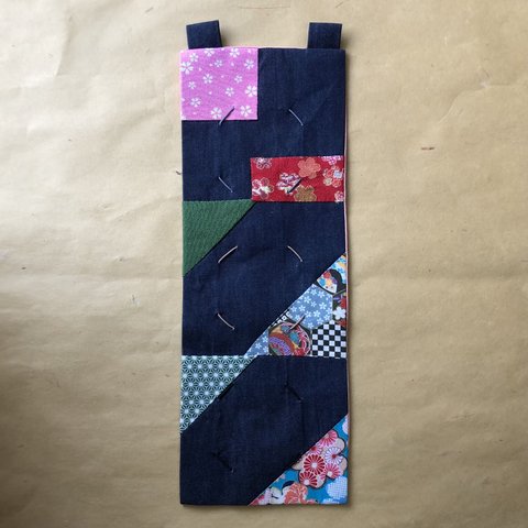 ミニ色紙用デニムリメイクタペストリー　3連ブルーピンク桜　42cm+3cm×15cm 