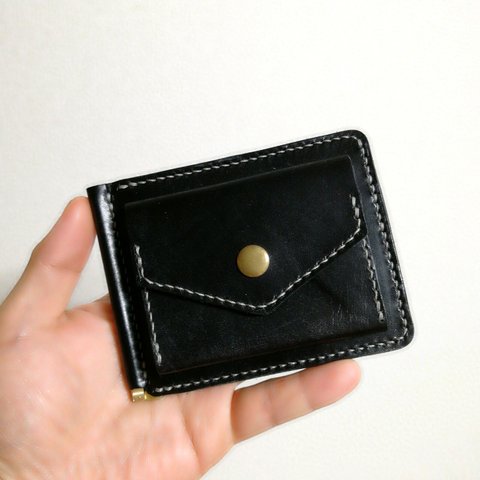 【送料無料】黒ヌメ革の小銭入れ付きマネークリップ