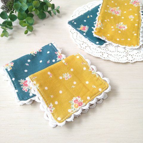 【ハーフサイズ】フラワードッドのミニガーゼハンカチ　8.5×15cm  ♡　ガーゼ・タオル選べる2種   /レースハンカチ ミニハンカチ　/幼稚園　小学生　入園入学　出産準備