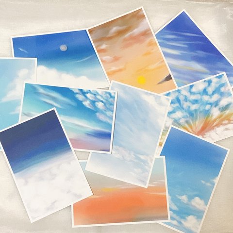 ③空10種　ポストカード　はがき　イラスト　景色　かわいい　空　雲　キレイ　おしゃれ　デザイン