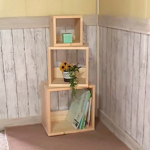 木製 無垢 箱型 三段 ディスプレイ棚 本棚