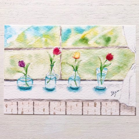 🌷「窓辺のチューリップ」 水彩画イラストポストカード２枚セット　花　春🌷