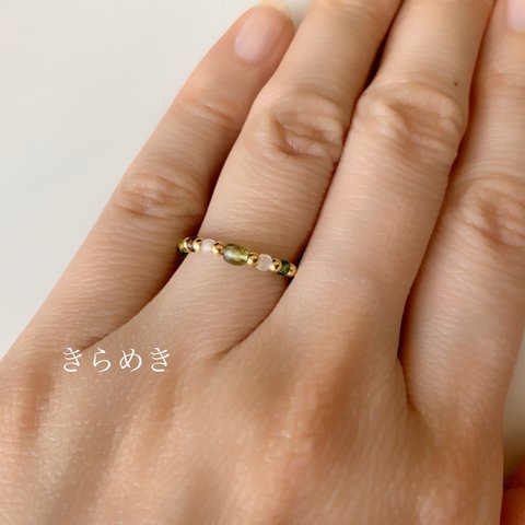 14kgf olive（オリーブ）ring【ビーズリング、ゴムリング、オリーブ、グリーン、ゴールド、金、シンプル、華奢、上品】