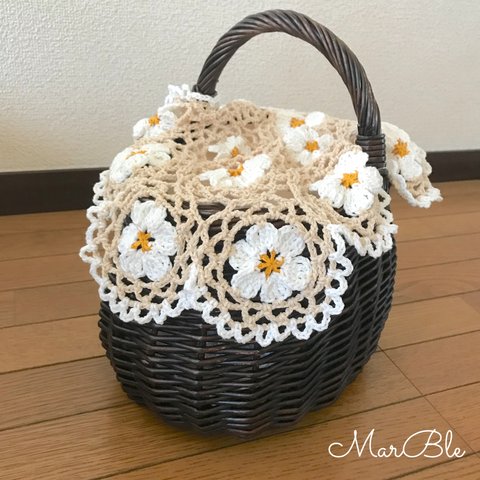 【再販】お花のナチュラルコットンマルチカバー＊アイボリー×ホワイト×マスタード＊