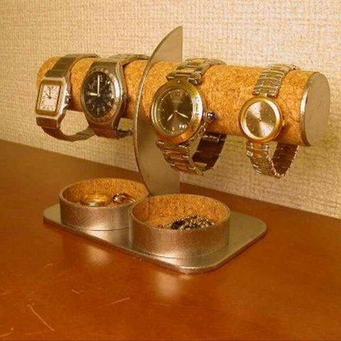 時計スタンド　名入れ　刻印　ラッピング　腕時計4本掛けダブル丸いトレイ付きハーフムーン時計スタンド　AKI-STUDIO　