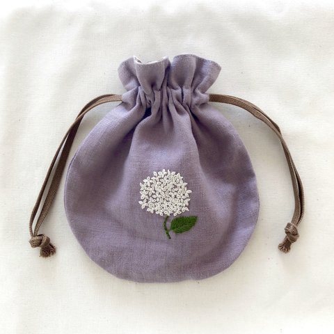 あじさいの手刺繍巾着(紫)