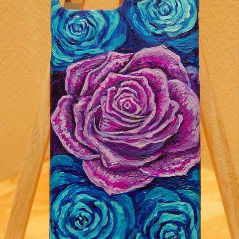 油絵 手作りスマホケース【青薔薇と紫薔薇】iPhone8Plus/iPhone7Plus