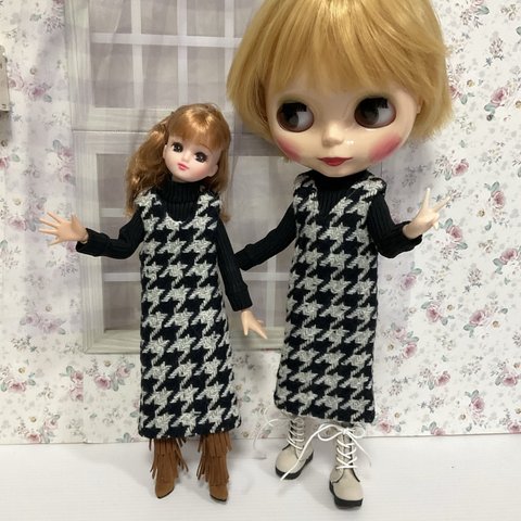 ブライス&りかちゃんのハンドメイド洋服*千鳥格子のワンピースとニットトップス