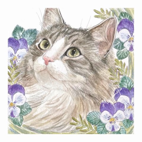 猫の似顔絵　愛猫＋お好きなお花と♪※ご依頼受付お休み中※