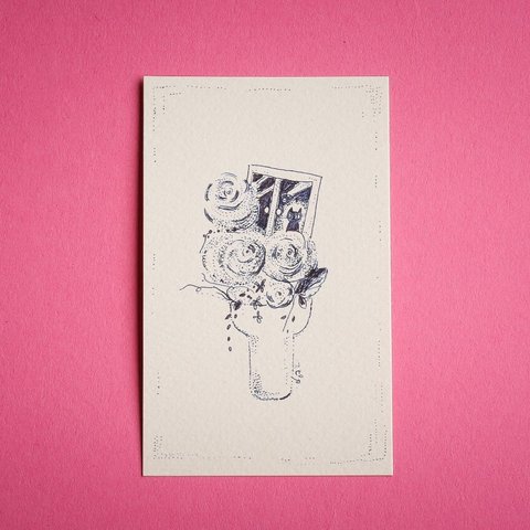 【送料無料】手描き　メッセージカード　インナーシート　黒猫と花束
