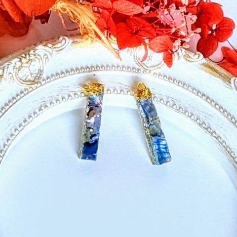 ブルー螺鈿の金継ぎ風スティックピアスイヤリング blue mother-of-pearl stick earrings【1726】パステルカラー　浴衣