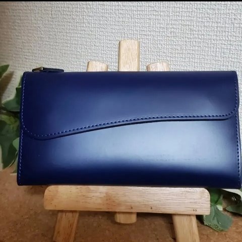 ヌメ革 本革 レザー 長財布 フラップ ハンドメイド Dカン ネイビー 牛革 革財布 やわらかい