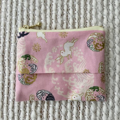 うさぎのポケットティッシュケース付きポーチ、和柄ファスナーポーチ付きティッシュカバー、Japanese rabbit zippered pouch with tissue cover