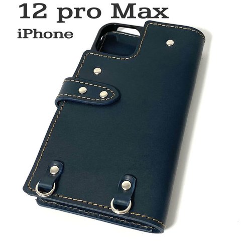 送料無料 手帳型 スマホケース iPhone 12 pro Max 用 スマホショルダー ハードカバー 革 ネイビー