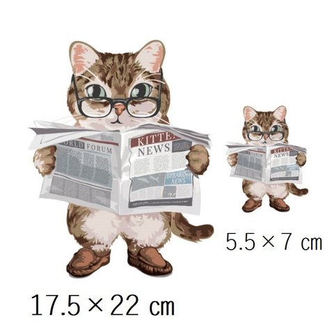 アイロン転写シート 新聞を読むネコ大小2枚セット　リメイク　CAT　猫　ねこ