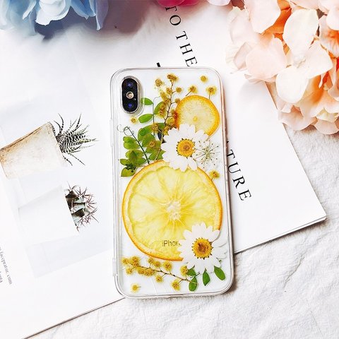 本物の押し花 押しフルーツ   デージー レモン オレンジ  ハンドメイド スマホケース iPhoneケース