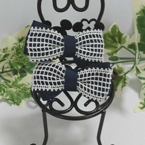 【送料込み】 torte❇mesh race ribbon (navy)  キッズ ヘアゴム   