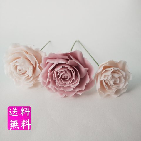 樹脂粘土の花パーツ やさしいピンク　ペールトーンのバラ3輪セット