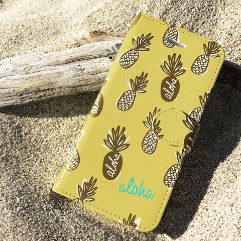 【カメラホール付】iPhone/Android 名入れ♪アロハパイン ALOHA PINE★手帳型スマホケース YELLOW