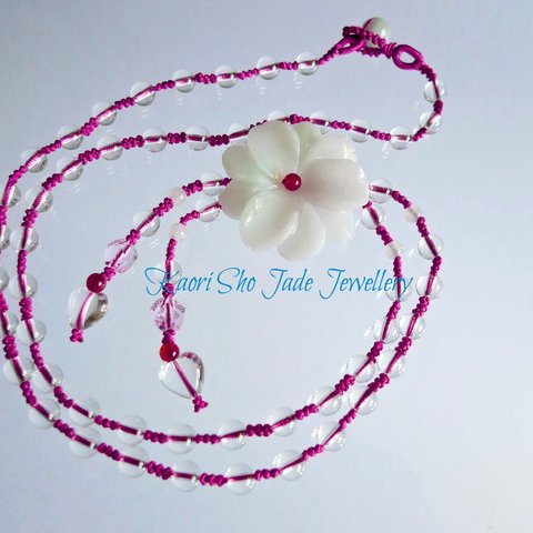 フラワージェイドネックレス/heart & round crystal beads/jade beads/ rose pink Asian knot code