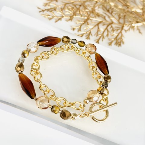 Autumn color bracelet ⭐︎オータムカラーのチェコビーズとチェーンのMIXブレスレット