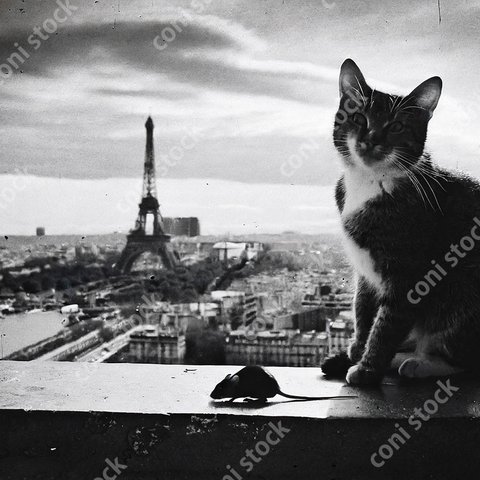 仲良しの猫とねずみ、背景にエッフェル塔、レトロ、モノクロ、アート、古びた写真　conistock_84439