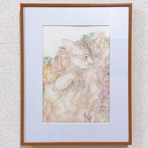 猫・絵画『ゆりかご』-水彩・ペン画・薔薇・花・原画-