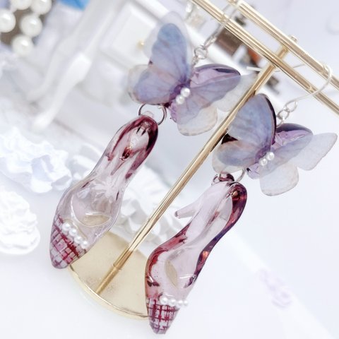 スミレ ツイードハイヒール 蝶々  m-106手染めガラスの靴とシフォン蝶とツイードパールのピアス