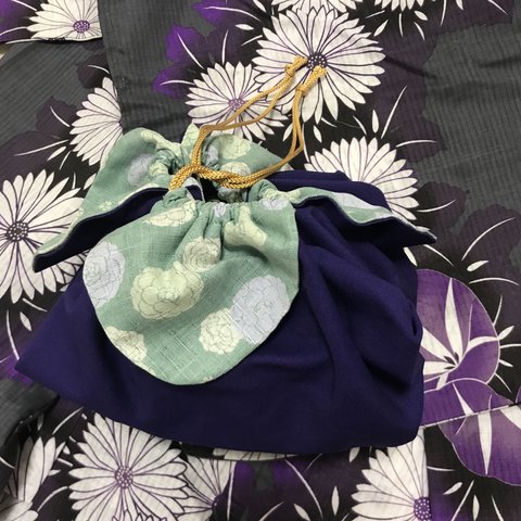 和風巾着　青紫　Japanese-style drawstring bag for kimono, blue-purple