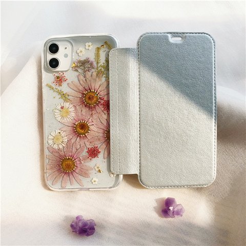  5色から選択 手帳型 押し花スマホケース iPhone13・12 Pro・SE2・11 iPhoneケース【パープル系】