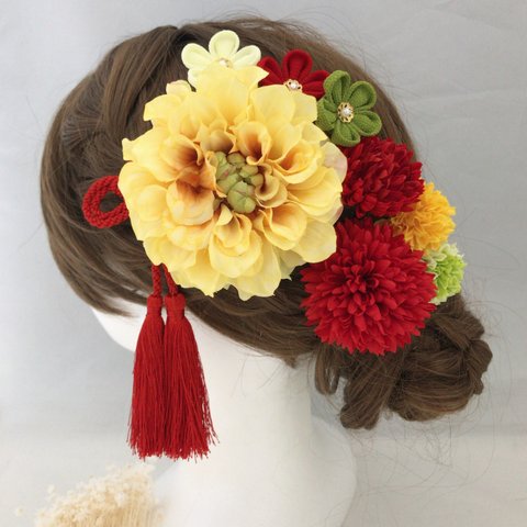 ダリア＆つまみ細工小花 ❁和装 髪飾り 赤＊黄色