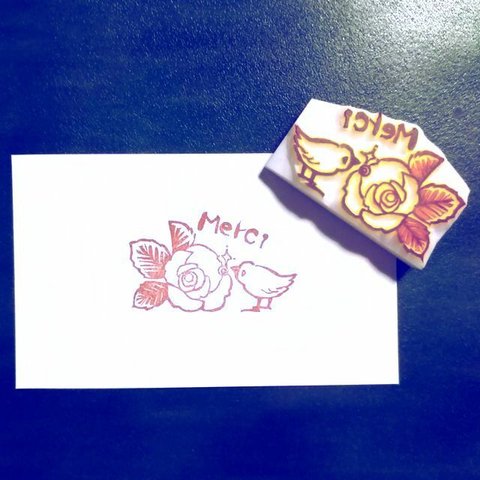 薔薇と小鳥のMerci・消しゴムはんこ