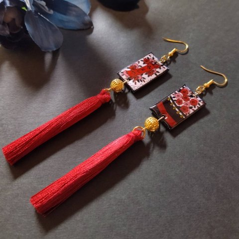 花札&タッセルピアス(イヤリング)（桜）【和】【サブカル】【卒業式】【着物】【袴】【成人式】【浴衣】【和風】