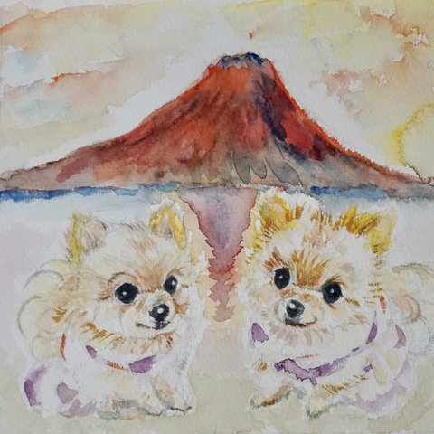 ❮似顔絵❯ 開運・赤富士とペットの絵 :犬 猫 水彩画 イラスト