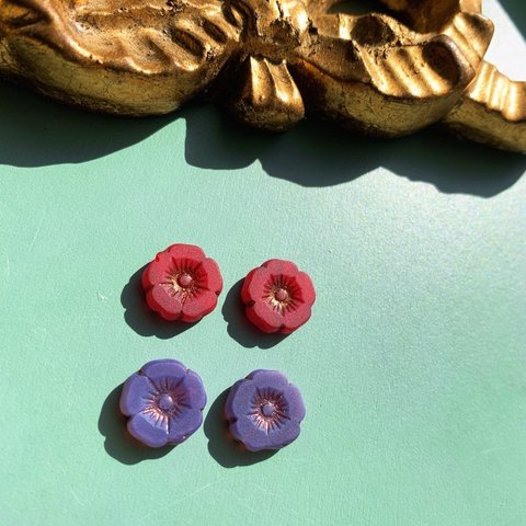 【2色ペア4コセット】JIRI＊IVANA#czech beads#チェコビーズ　sea glass flower 10㍉ carmine＊grape