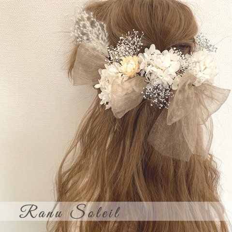 ヘッドドレス　ribbonSTYLE  gold＆White 髪飾り　結婚式　成人式　卒業式　プリザーブドフラワー　ドライフラワー　ドレス　着物　袴　ヘアアクセサリー　金箔　振袖