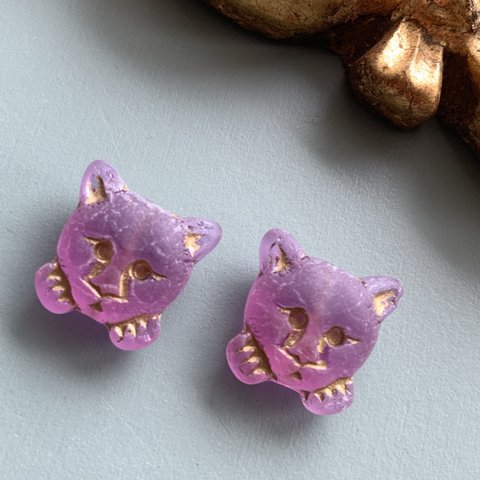 【1コずつ販売】JIRI＊IVANA#czech beads#チェコビーズ　cat17㍉　daydream light purple/bronze 考える猫