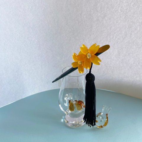 飴色の花の簪　正絹房飾り　シック　オトナ　
