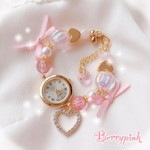 【SALE】ハートビジューのブレスレットウォッチ♡腕時計♡ピンク