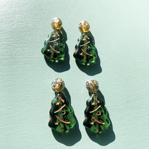【tree🎄4コ＋FP4コセット】JIRI＊IVANA#czech beads#チェコビーズ　christmas tree17✖️12㍉　green/copper FP6㍉
