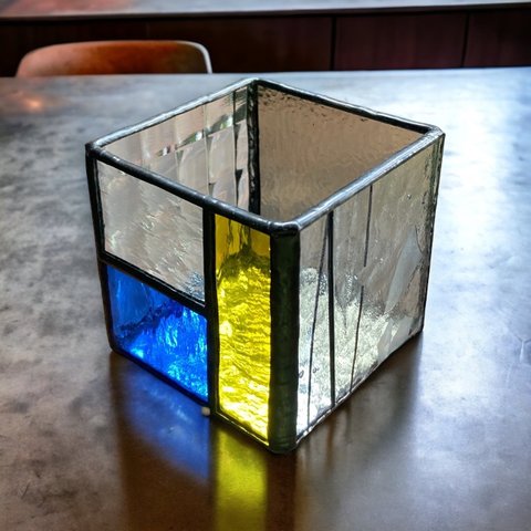 Cube 【yellow×blue】（ステンドグラス　キャンドルホルダー）
