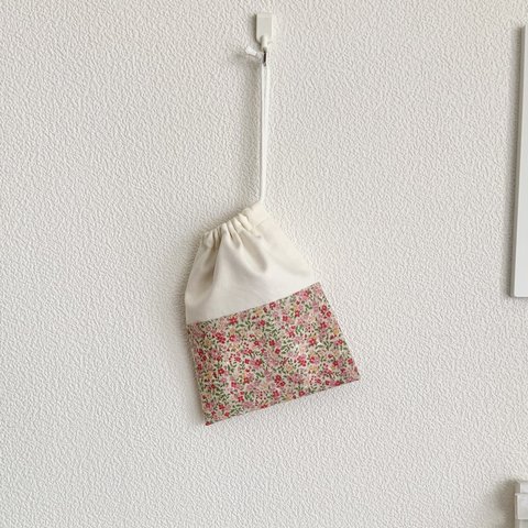 巾着「ピンクの花と刺繍」ランチョンマット袋　コップ袋　小物入れ