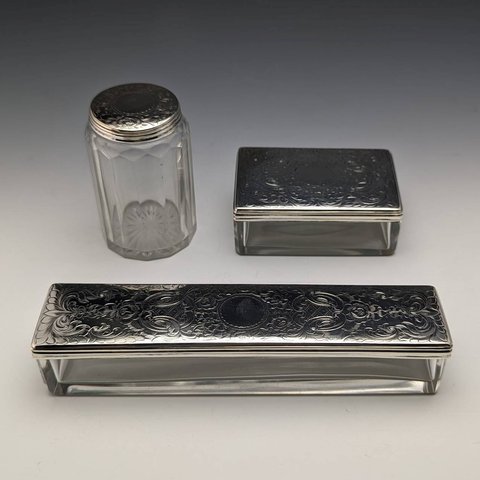 1863年 英国アンティーク 純銀蓋 ガラス容器 3個セット Pittway Brothers