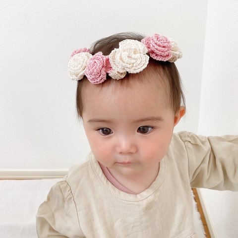 【NEW】Flower crown ✿ 　( pink×ivory ）　ベビー キッズ 赤ちゃん 子供 女の子 カチューム ヘッドアクセ お花  手編み　花冠　花かんむり