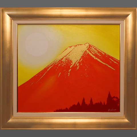 アトリエ富士吉田からの金の赤富士●がんどうあつし油絵F10号額付アクリルガラス入
