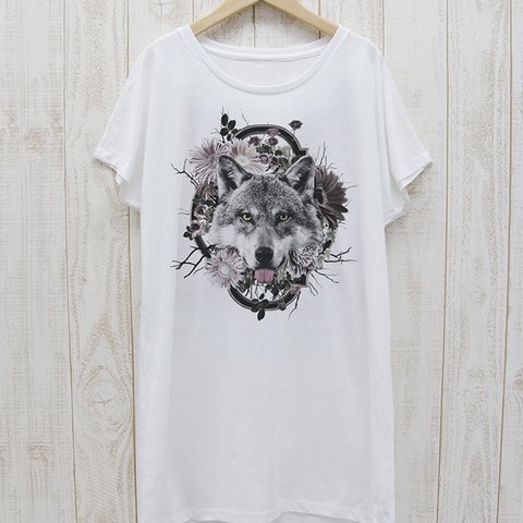 ronronWOLF ワンピースTee　Flower Frame（ホワイト） / R023-O-WH